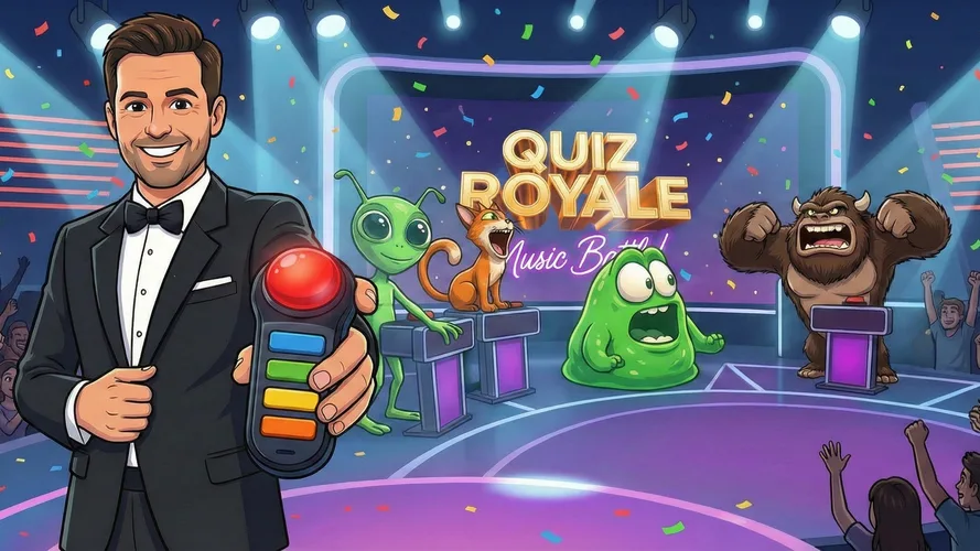 Quiz Royale: Music Battle: presentador con el pulsador en el plató